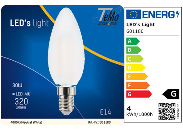 1 STÜCK (VPE) SHADA LED Kerze E14 320lm 4W, neutralweiss 4000K, C35 Opal, EEC: G (0601180)